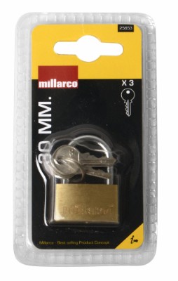 Millarco® hengelås med 3 nøkler 30 mm messing